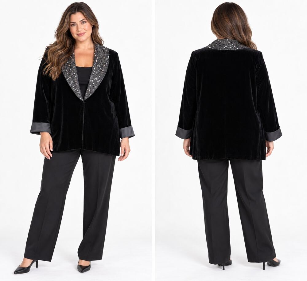 Bloomingdale's Velvet Beaded Satin Shawl Collar Jacket 2X Black Blazer